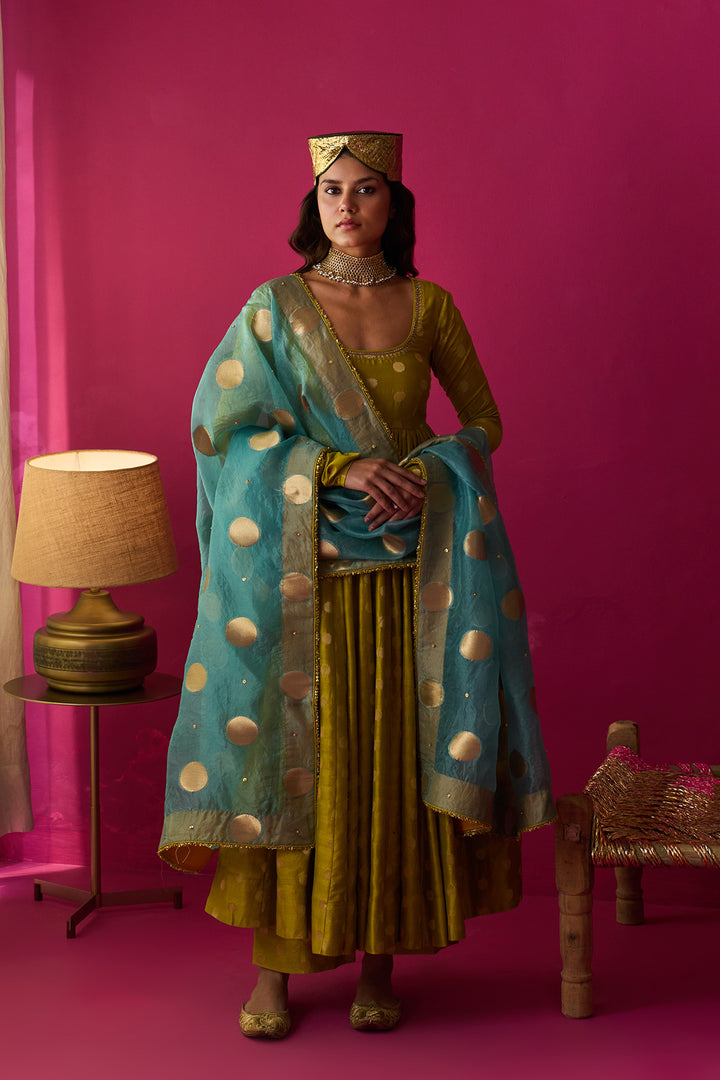 Nur lime green anarkali with palazzo and blue dupatta (set of 3)