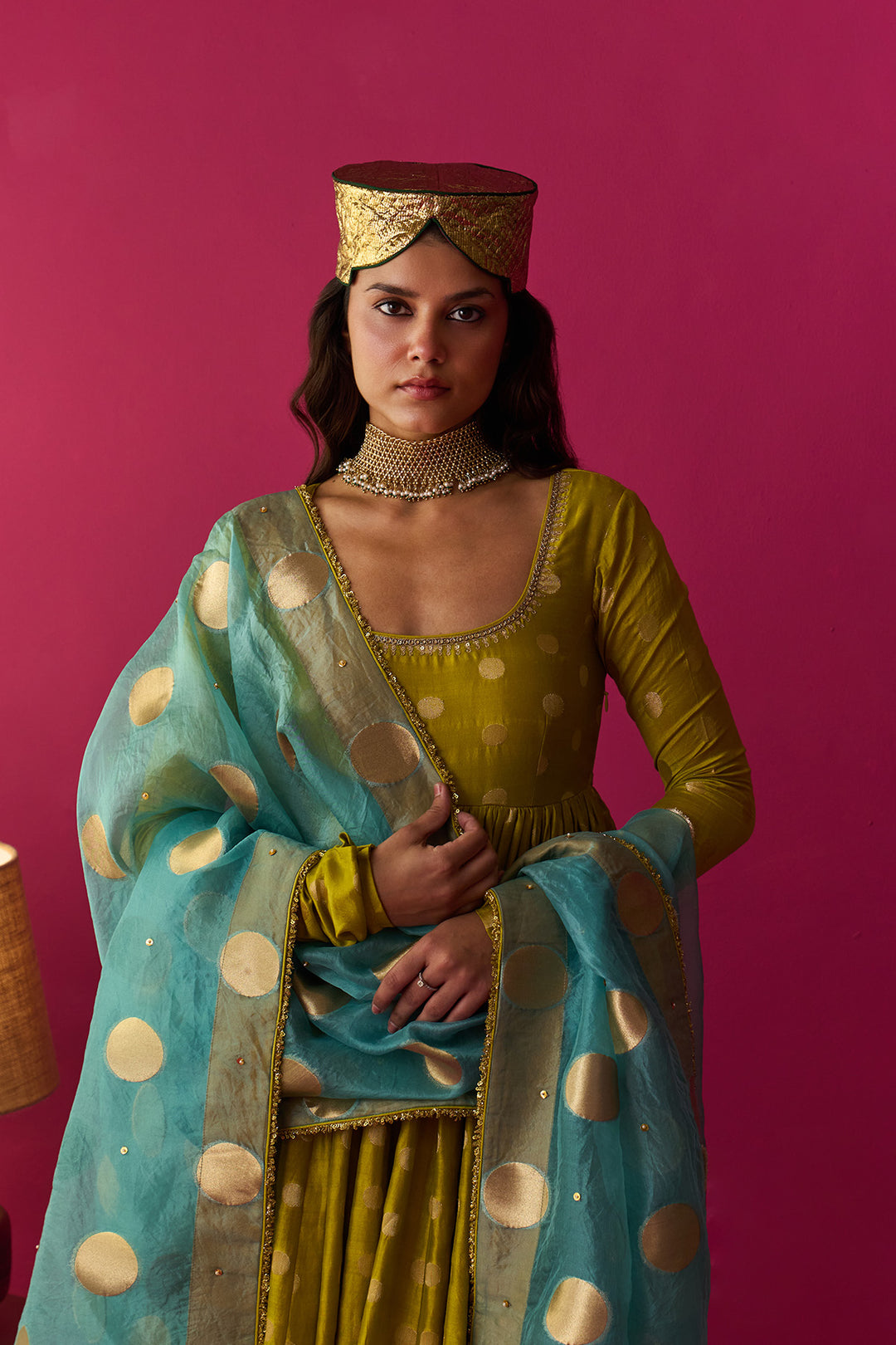 Nur lime green anarkali with palazzo and blue dupatta (set of 3)