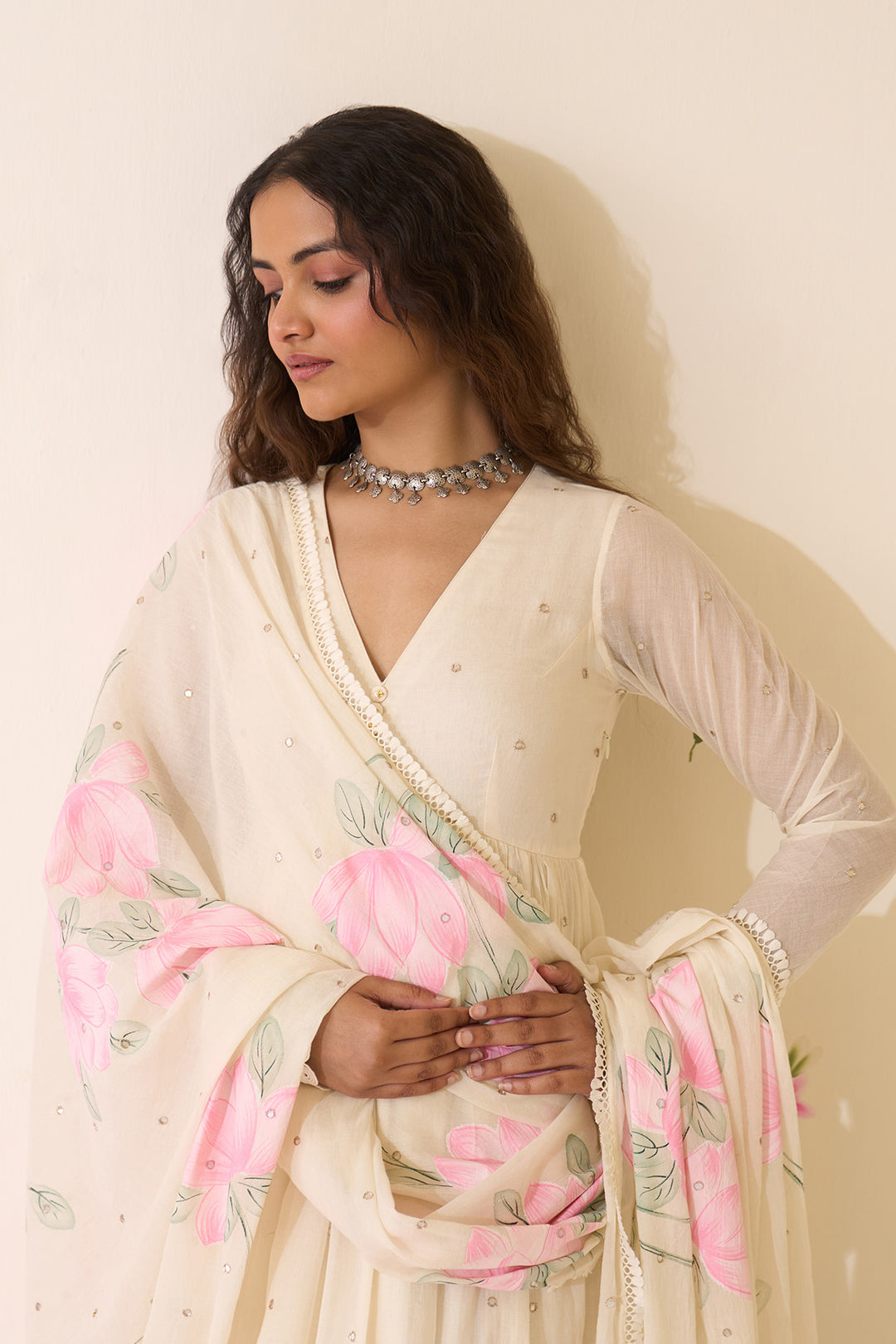 Mehraz Handpaint off white v - neck anarkali with palazzo and dupatta ( set of 3 )