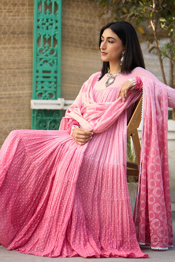 Ombre pink block printed tiered anarkali with chooridar and dupatta ( set of 3 )