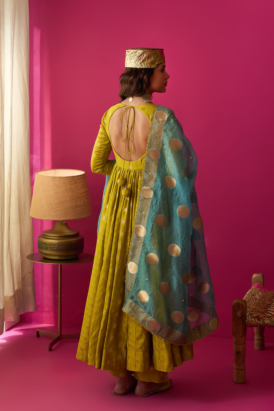 Nur lime green anarkali with palazzo and blue dupatta (set of 3)