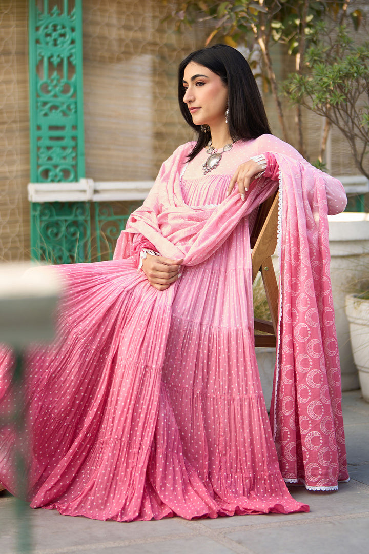Ombre pink block printed tiered anarkali with chooridar and dupatta ( set of 3 )