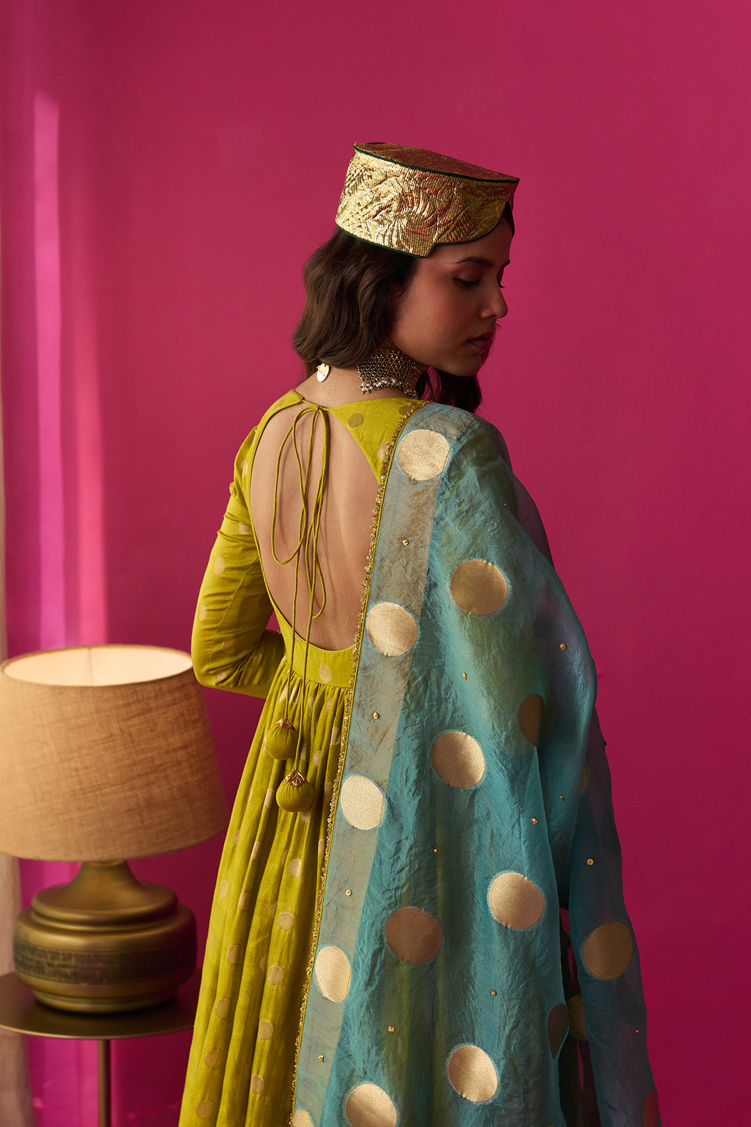 Nur lime green anarkali with palazzo and blue dupatta (set of 3)