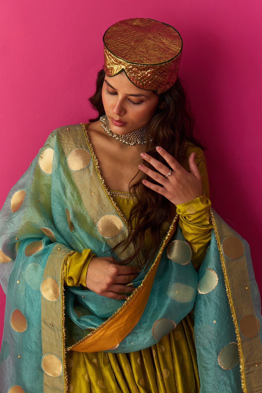 Nur lime green anarkali with palazzo and blue dupatta (set of 3)