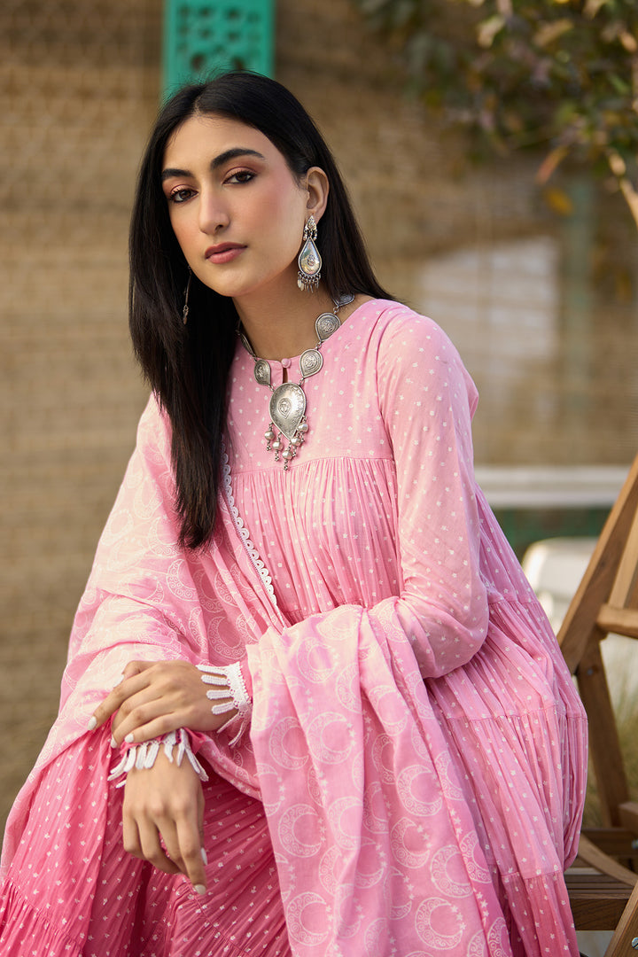 Ombre pink block printed tiered anarkali with chooridar and dupatta ( set of 3 )