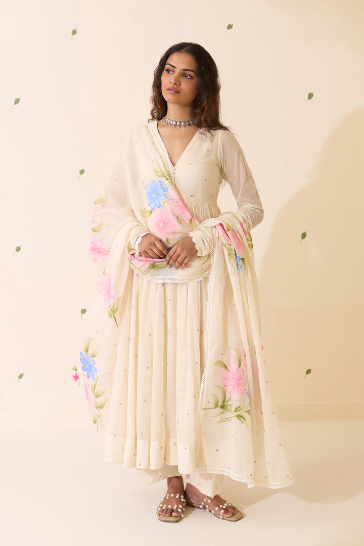 Mehraz Handpaint off white v - neck anarkali with palazzo and dupatta ( set of 3 )
