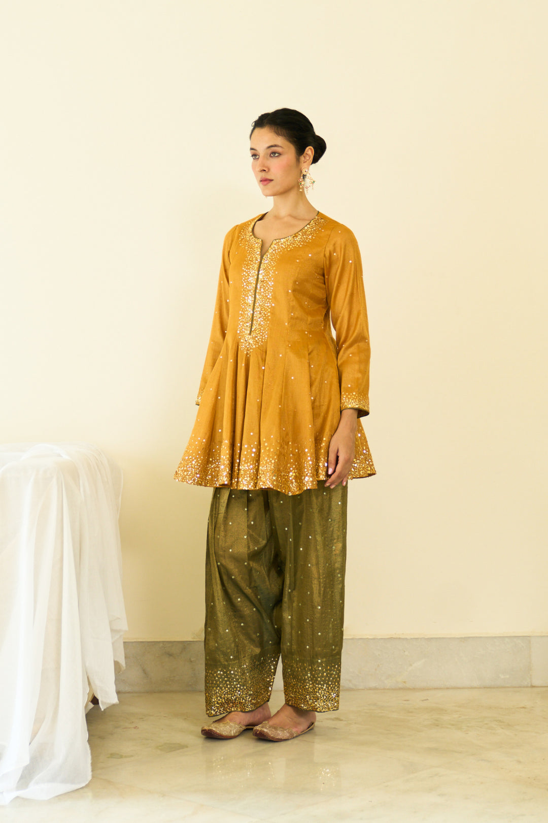 Saanjh sequins mustard kalidar kurta with salwar and dupatta ( set of 3)