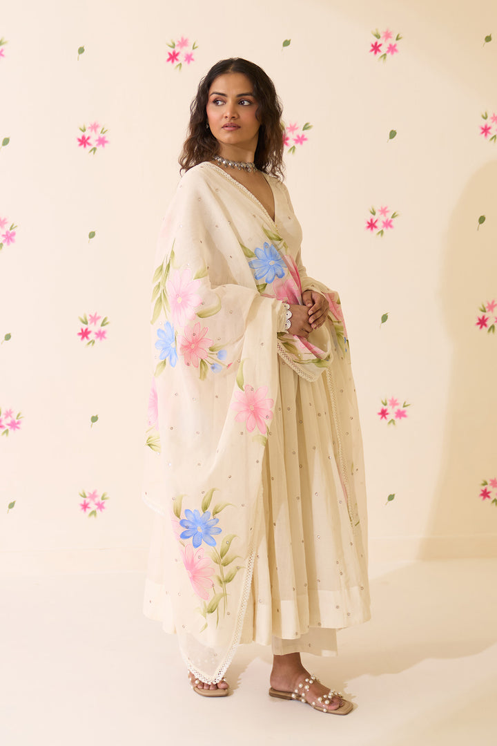 Mehraz Handpaint off white v - neck anarkali with palazzo and dupatta ( set of 3 )