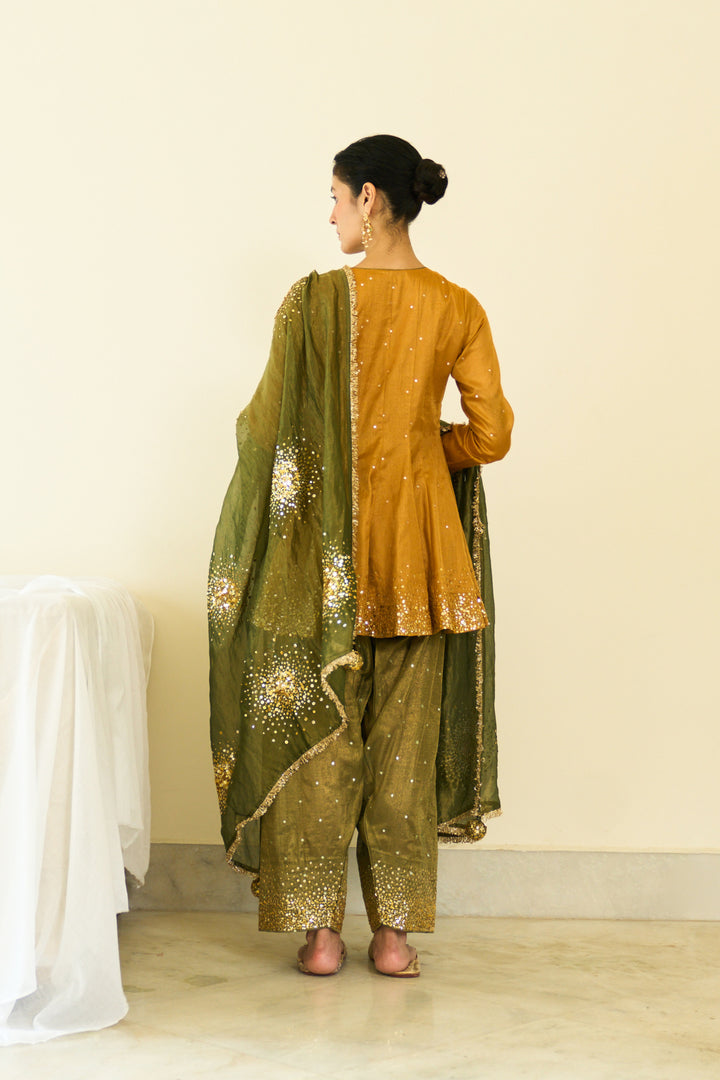 Saanjh sequins mustard kalidar kurta with salwar and dupatta ( set of 3)
