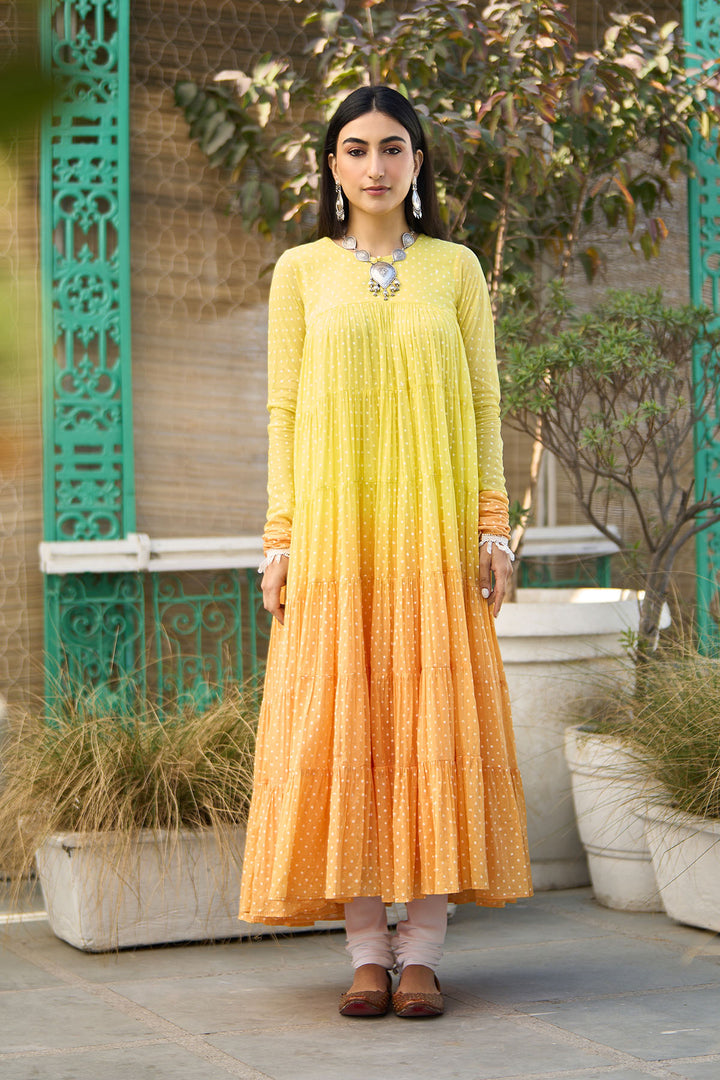 Ombre yellow block printed tiered anarkali with chooridar and dupatta ( set of 3 )