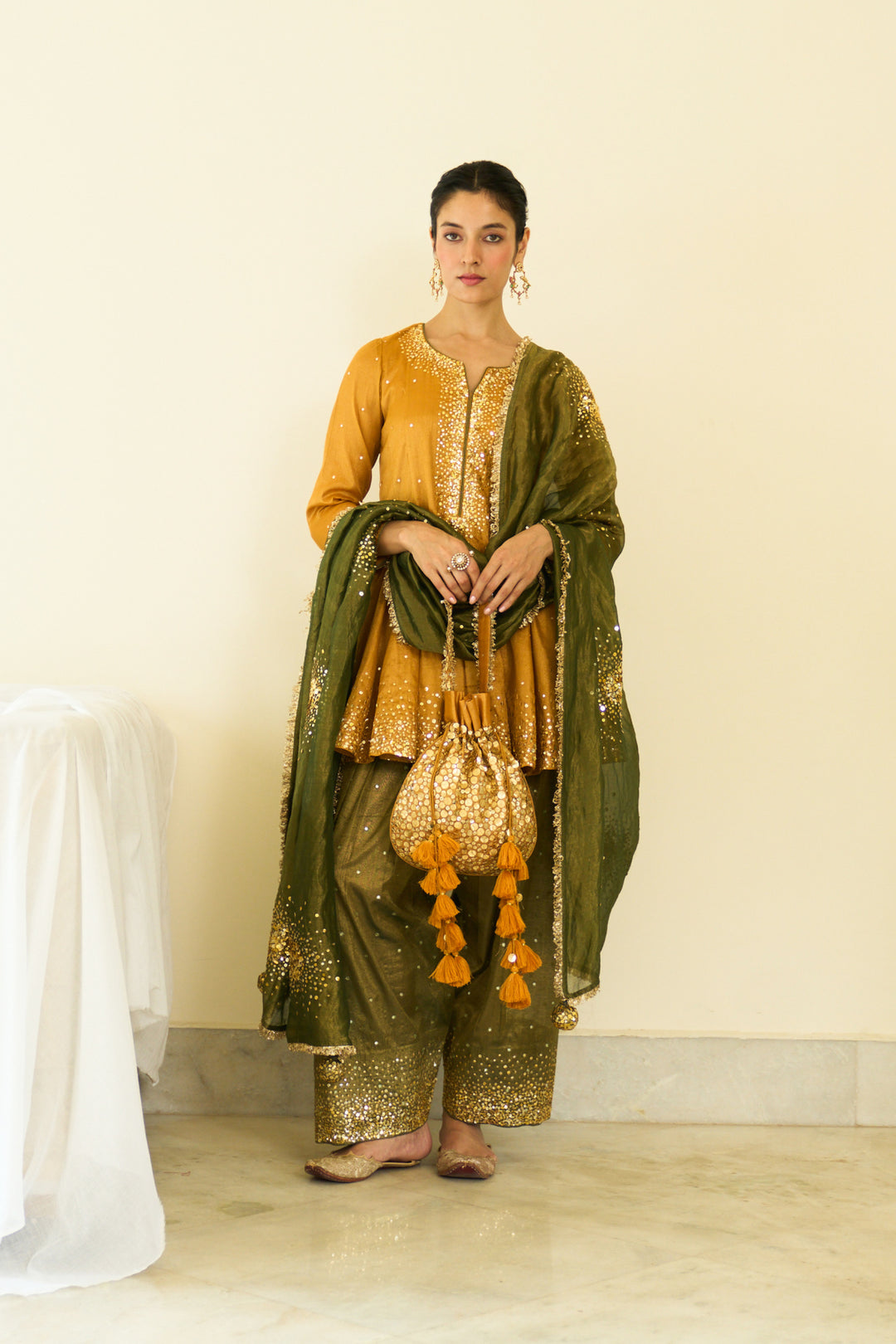 Saanjh sequins mustard kalidar kurta with salwar and dupatta ( set of 3)