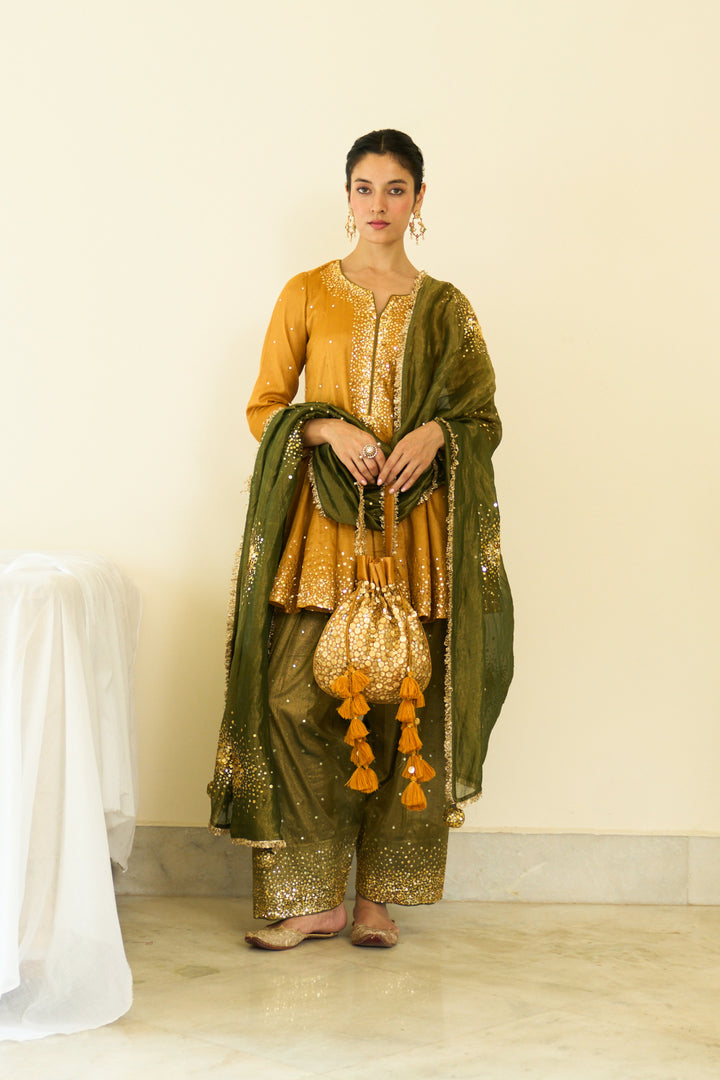 Saanjh sequins mustard kalidar kurta with salwar and dupatta ( set of 3)