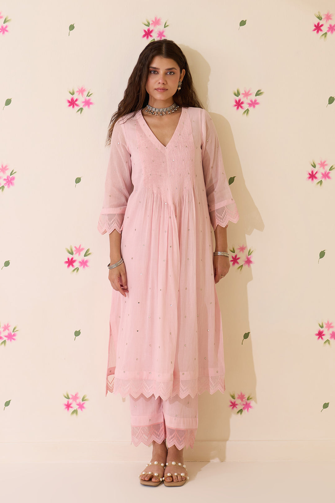 Mehraz Handpaint pink with off white Pintuck kurta with palazzo and dupatta ( set of 3 )