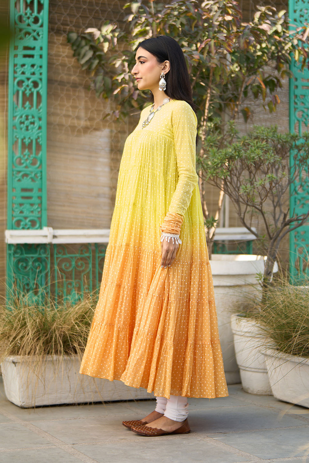 Ombre yellow block printed tiered anarkali with chooridar and dupatta ( set of 3 )