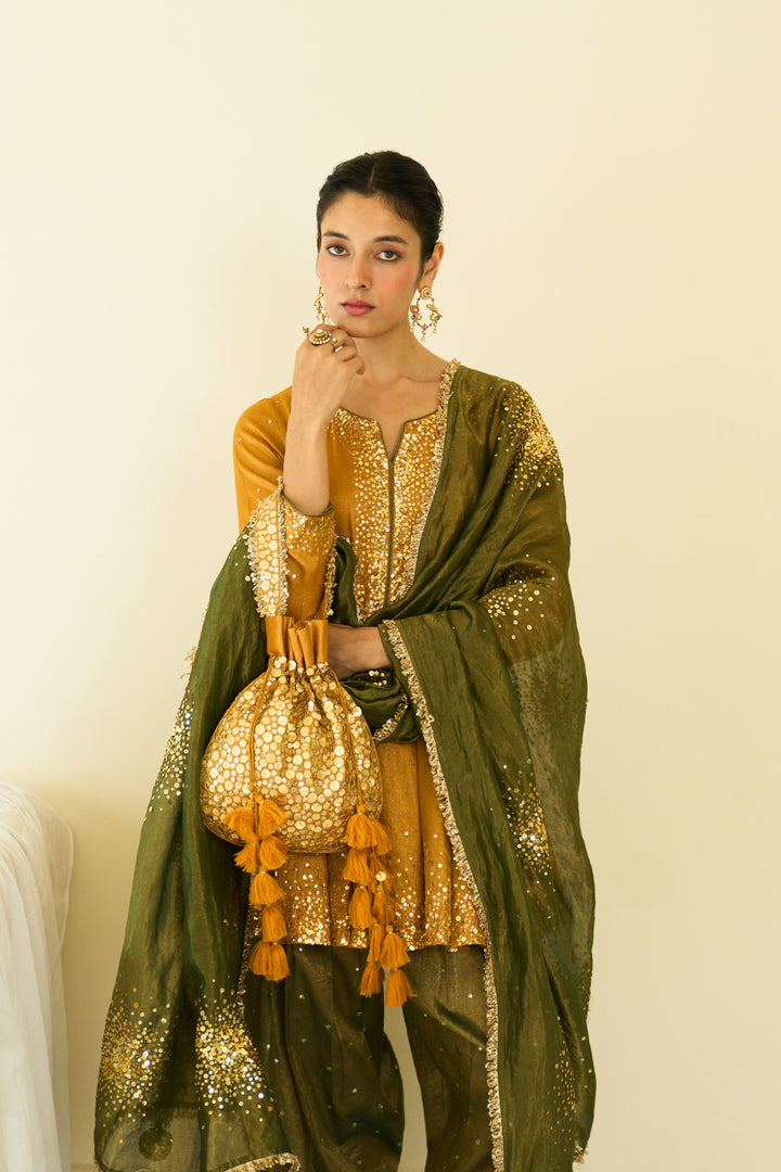 Saanjh sequins mustard kalidar kurta with salwar and dupatta ( set of 3)
