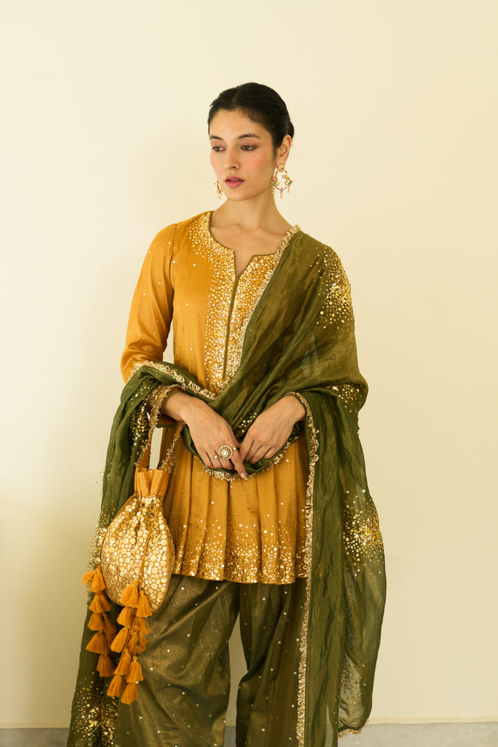 Saanjh sequins mustard kalidar kurta with salwar and dupatta ( set of 3)