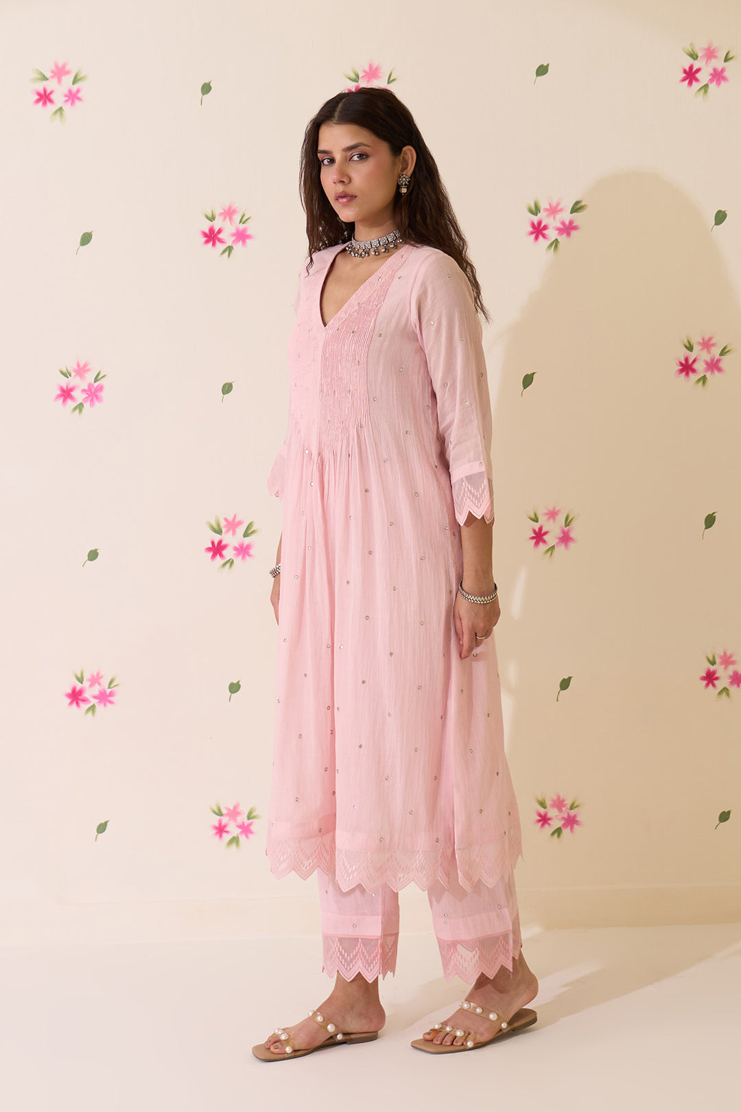 Mehraz Handpaint pink with off white Pintuck kurta with palazzo and dupatta ( set of 3 )