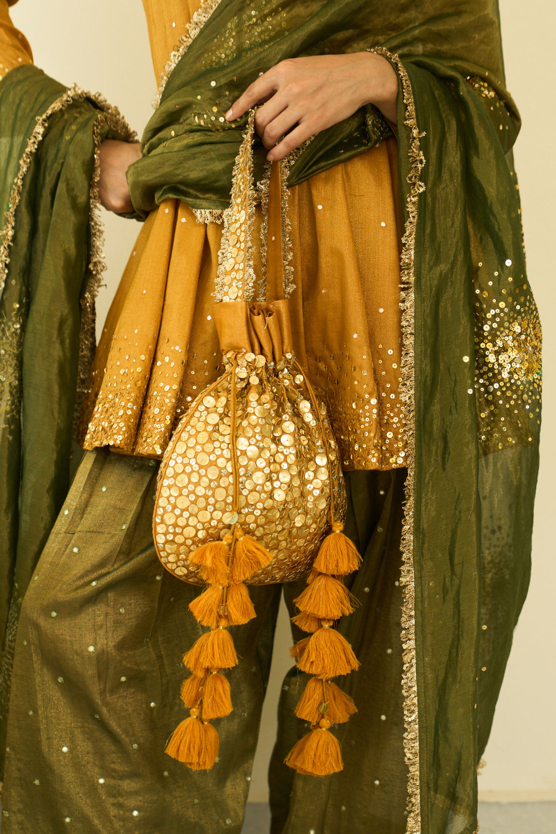 Saanjh sequins mustard kalidar kurta with salwar and dupatta ( set of 3)