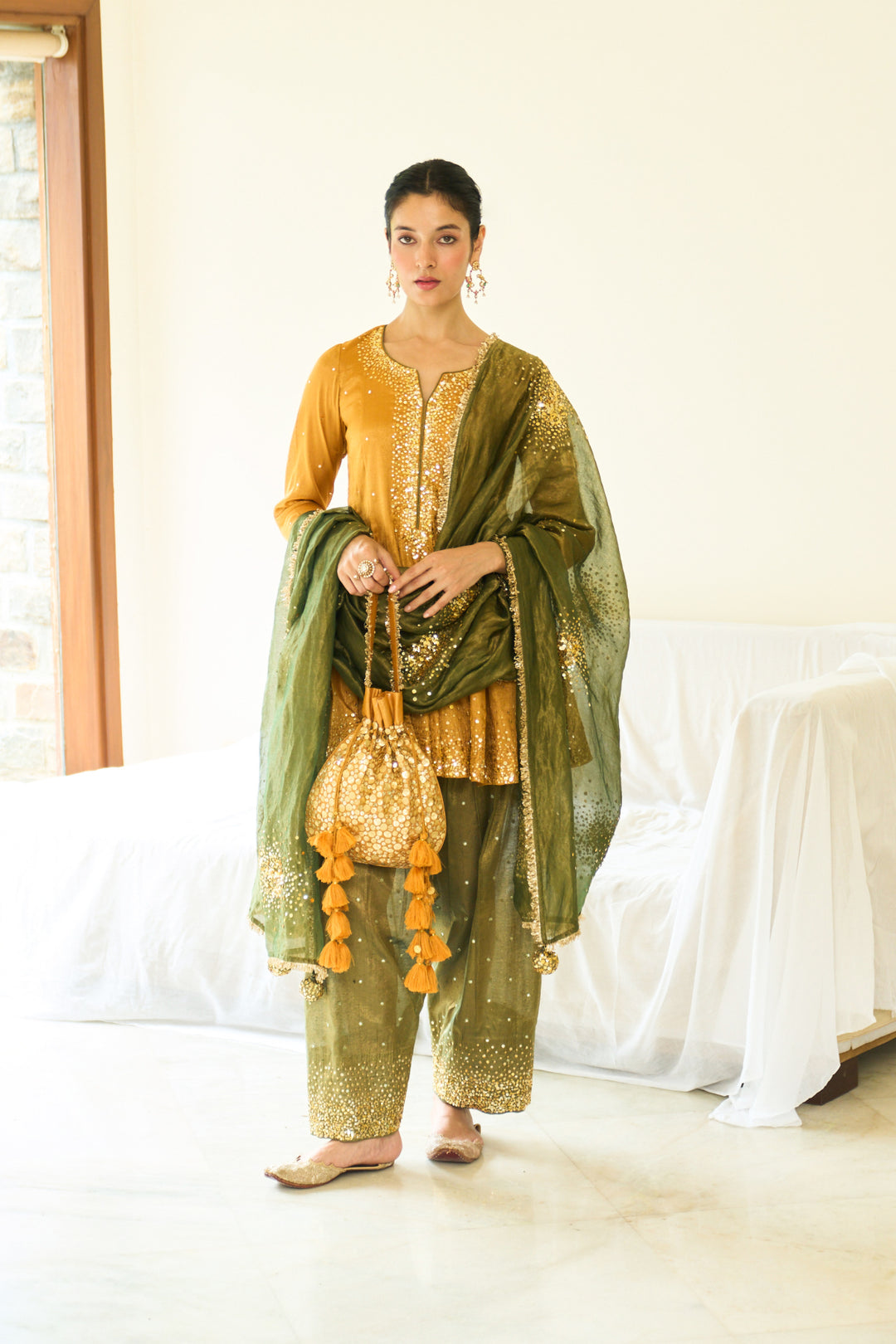 Saanjh sequins mustard kalidar kurta with salwar and dupatta ( set of 3)