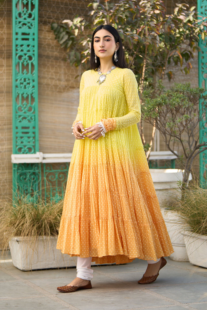 Ombre yellow block printed tiered anarkali with chooridar and dupatta ( set of 3 )