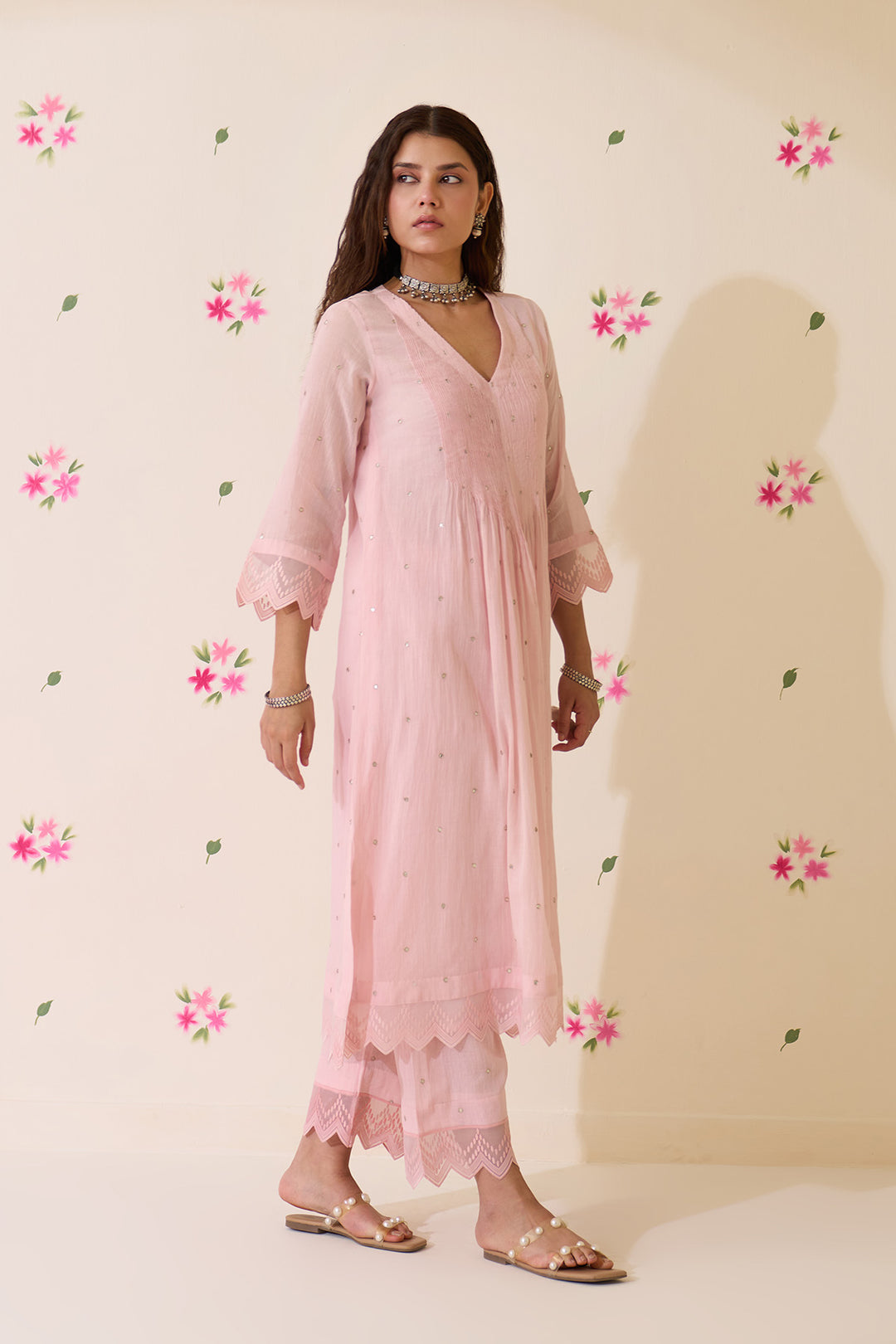 Mehraz Handpaint pink with off white Pintuck kurta with palazzo and dupatta ( set of 3 )