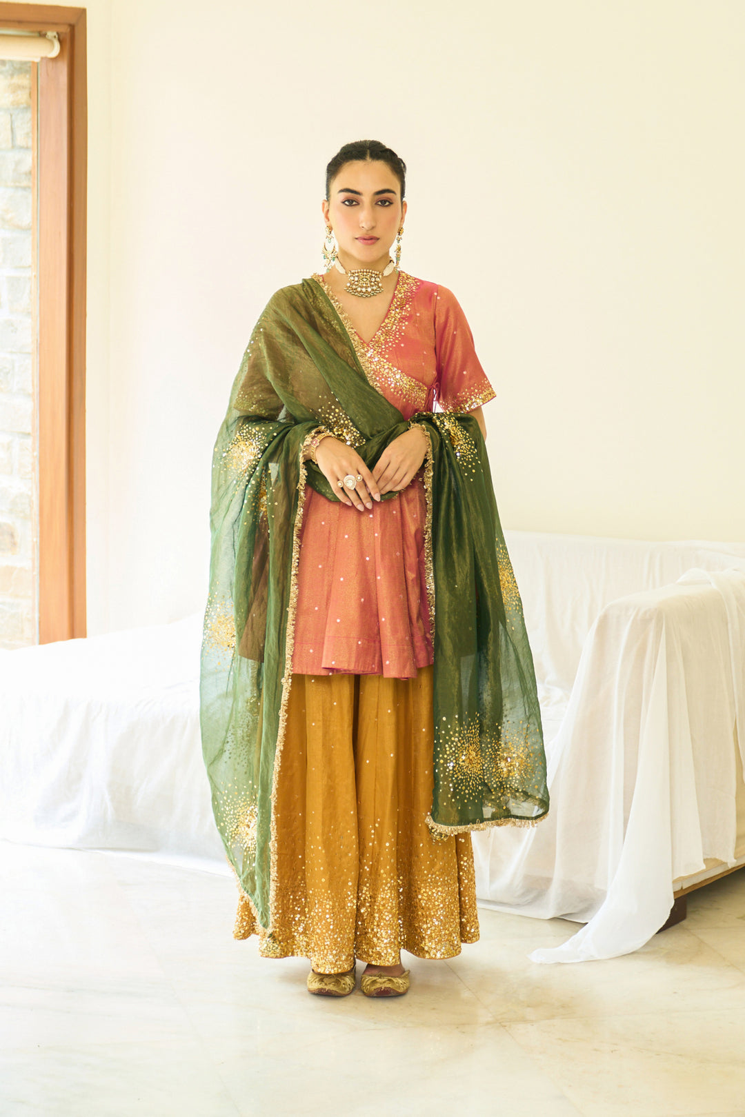 Saanjh sequins pink short angrakha with sharara and dupatta ( set of 3)