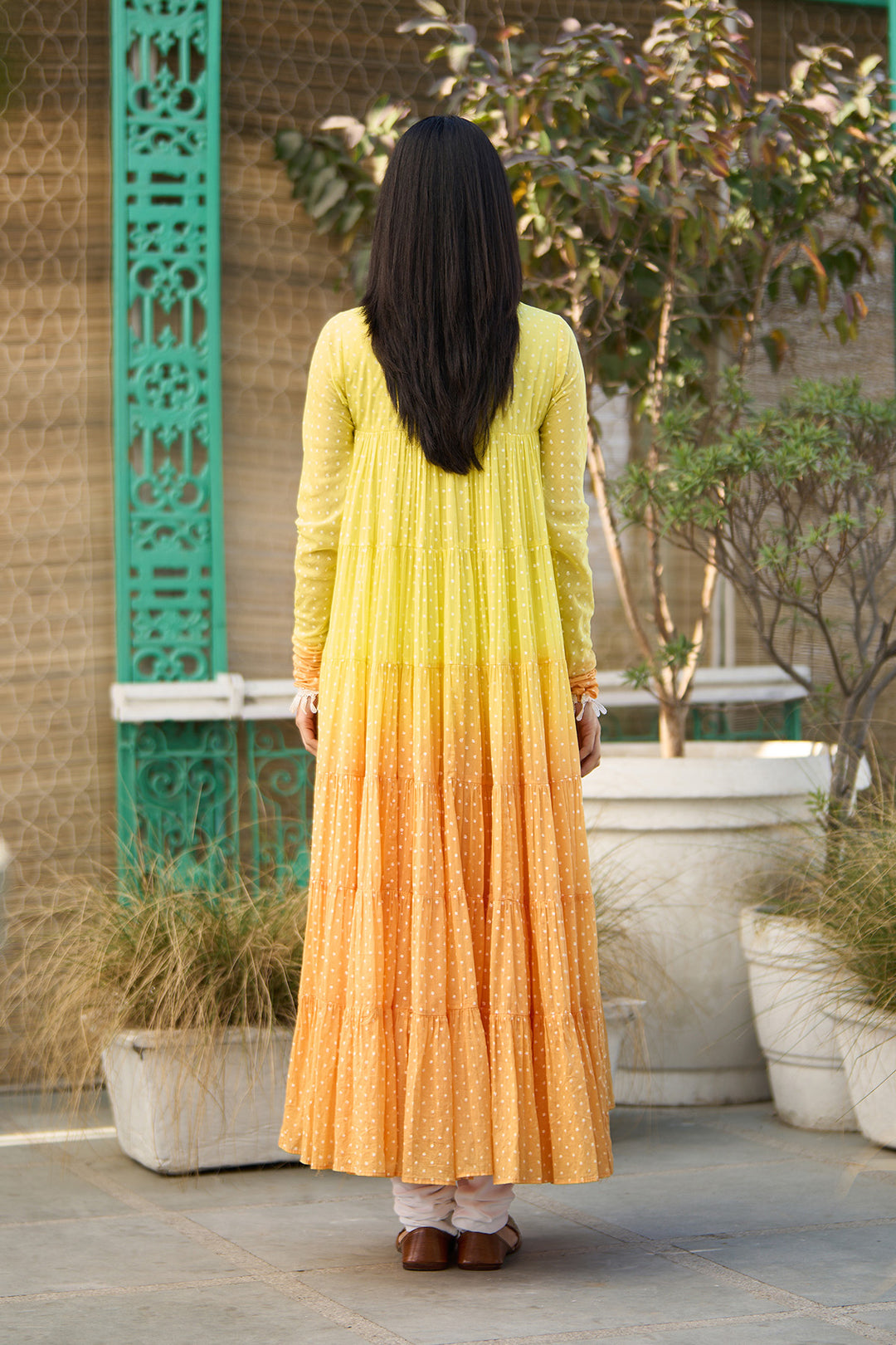 Ombre yellow block printed tiered anarkali with chooridar and dupatta ( set of 3 )