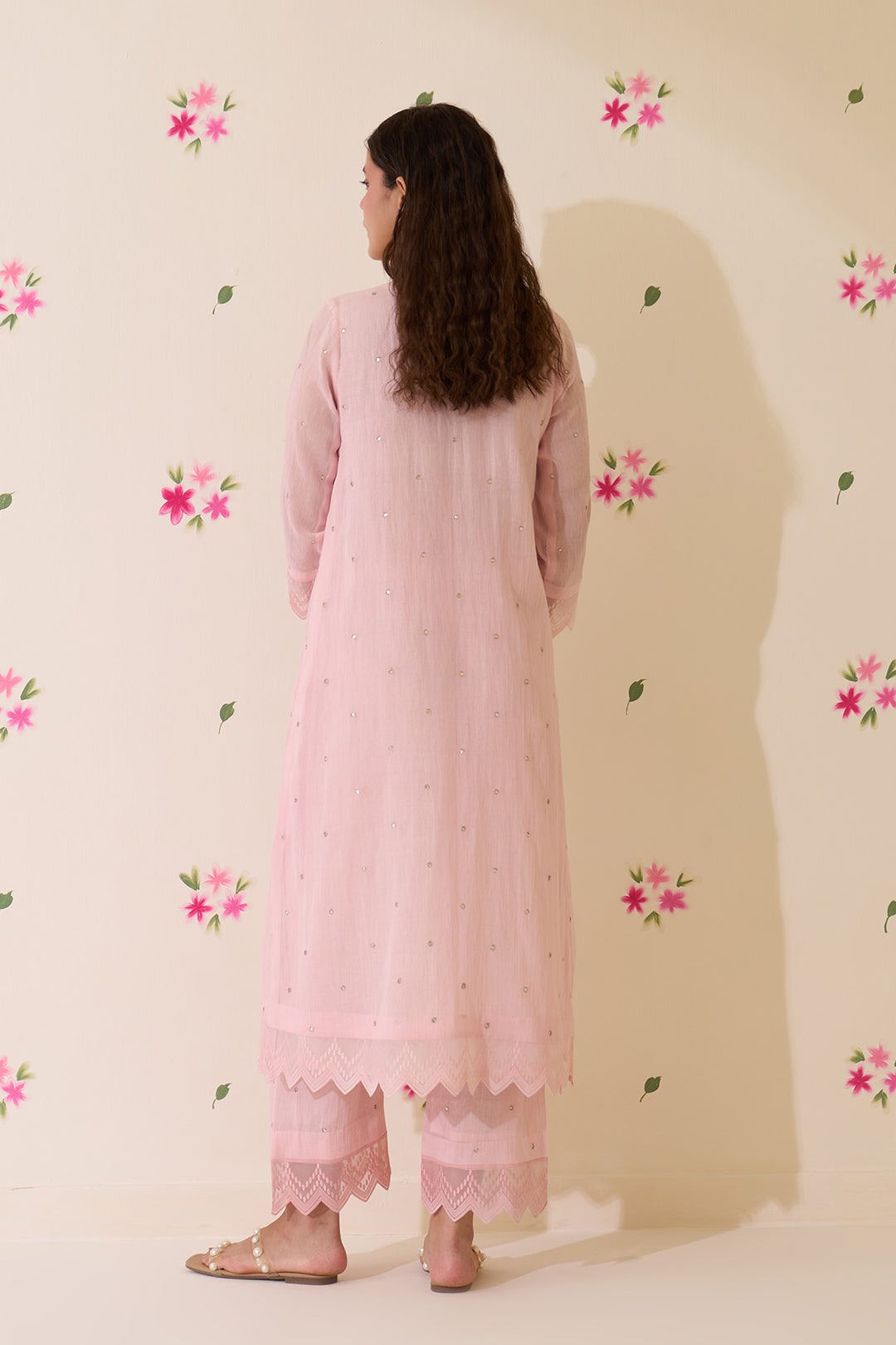 Mehraz Handpaint pink with off white Pintuck kurta with palazzo and dupatta ( set of 3 )