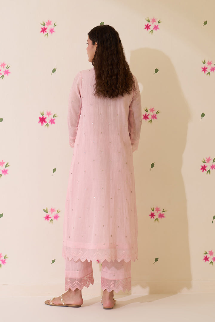 Mehraz Handpaint pink with off white Pintuck kurta with palazzo and dupatta ( set of 3 )