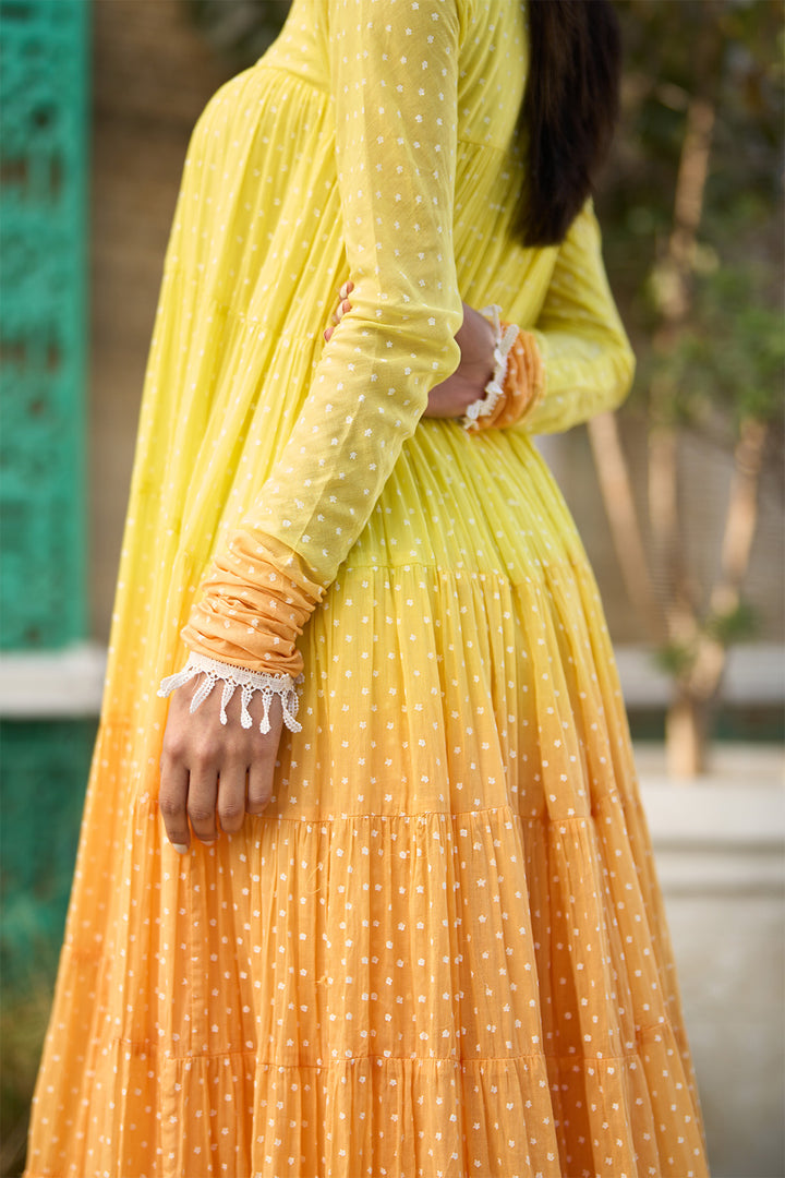 Ombre yellow block printed tiered anarkali with chooridar and dupatta ( set of 3 )