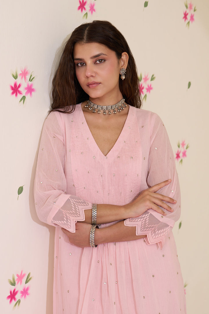 Mehraz Handpaint pink with off white Pintuck kurta with palazzo and dupatta ( set of 3 )
