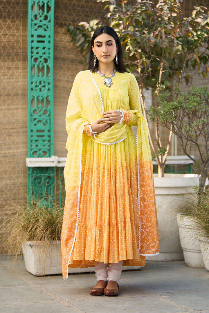 Ombre yellow block printed tiered anarkali with chooridar and dupatta ( set of 3 )