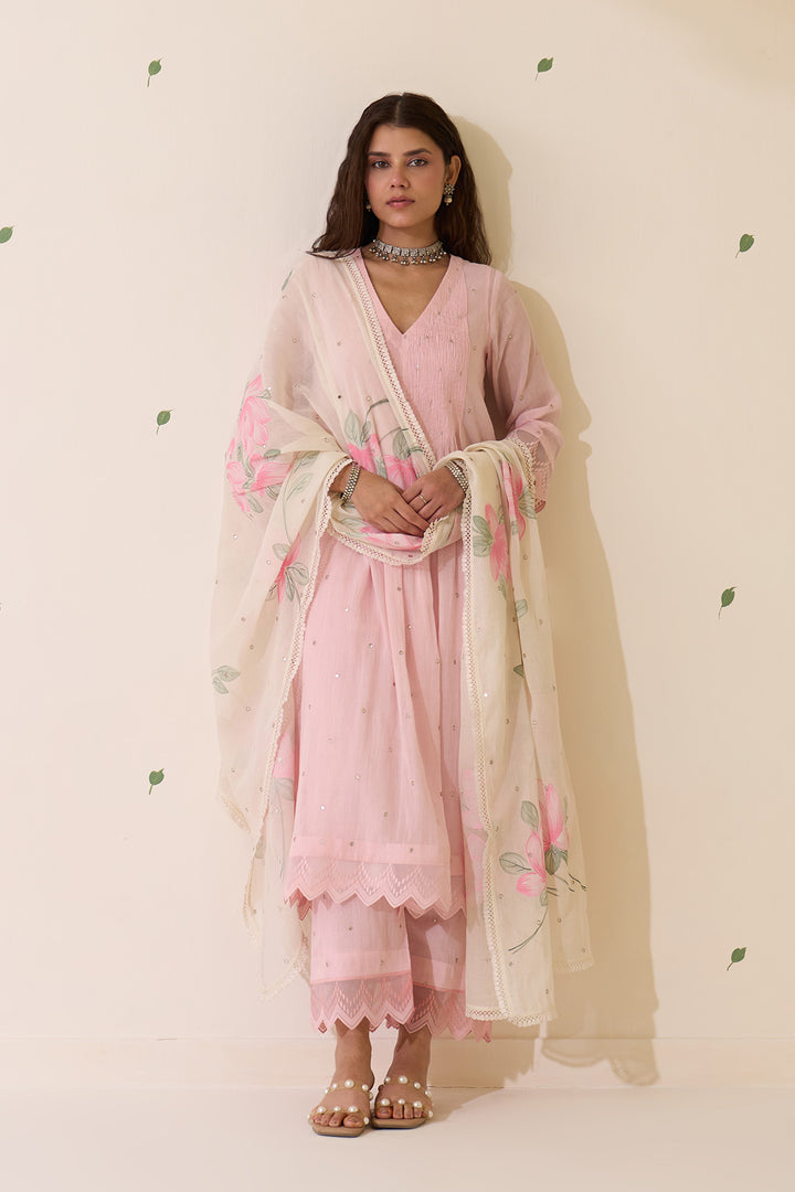 Mehraz Handpaint pink with off white Pintuck kurta with palazzo and dupatta ( set of 3 )