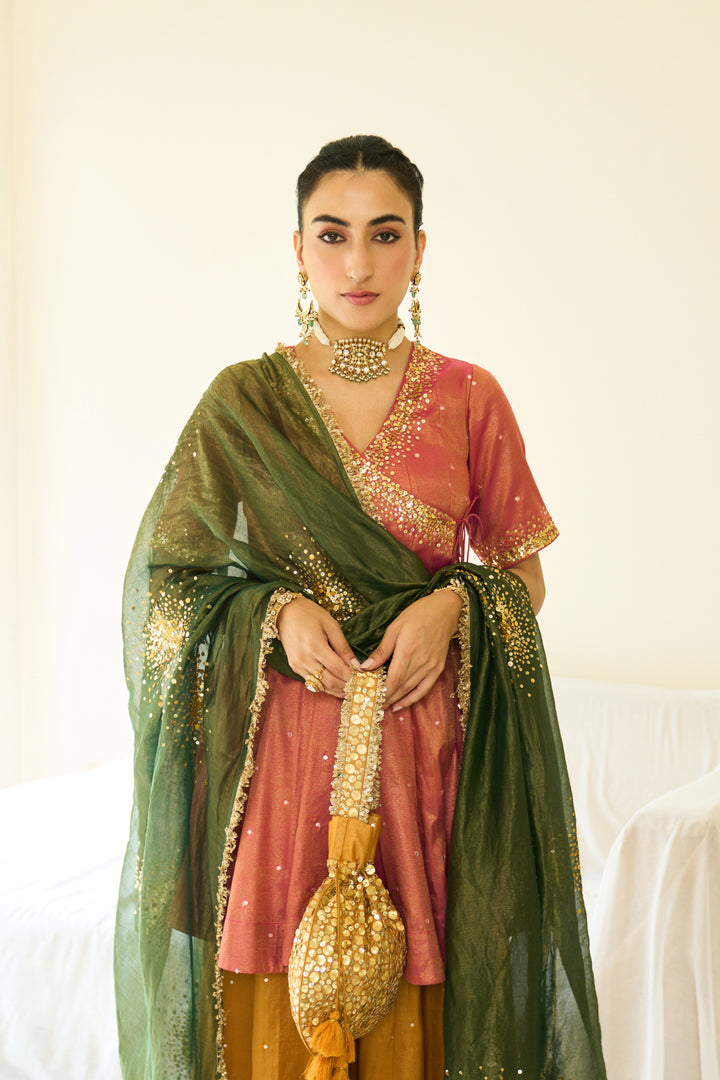 Saanjh sequins pink short angrakha with sharara and dupatta ( set of 3)