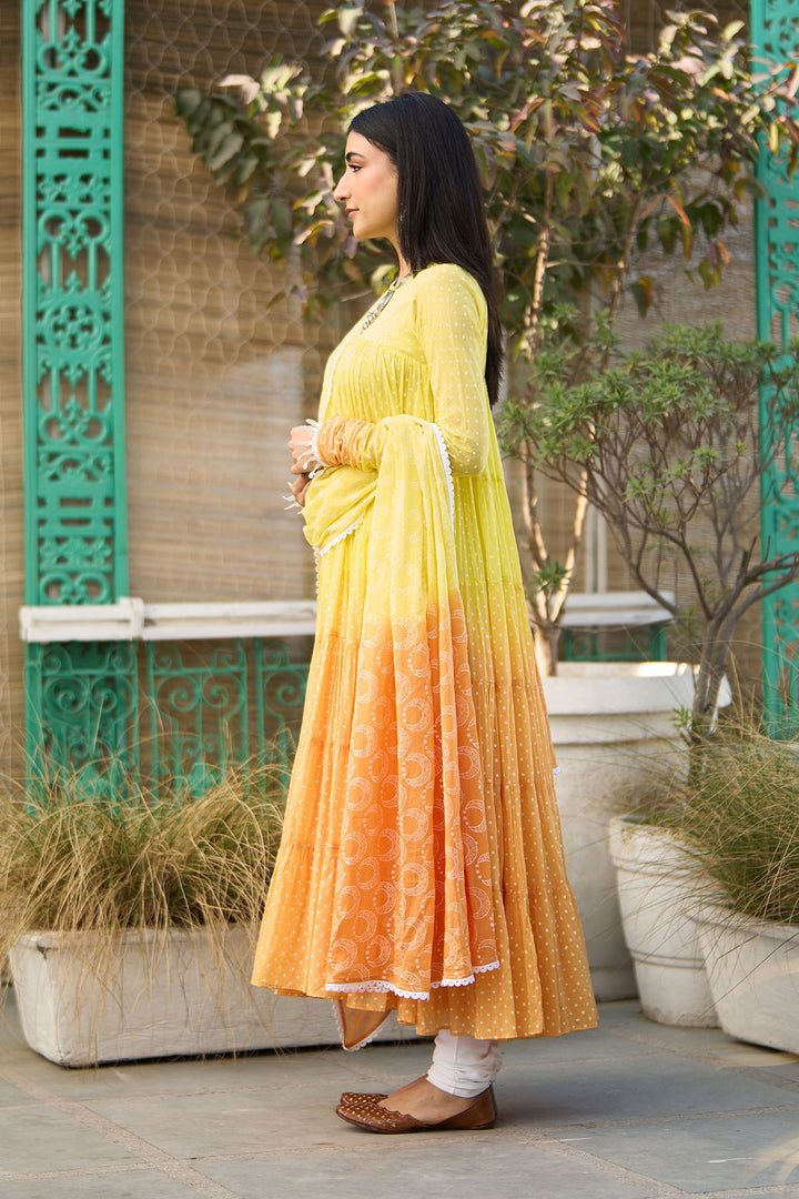 Ombre yellow block printed tiered anarkali with chooridar and dupatta ( set of 3 )