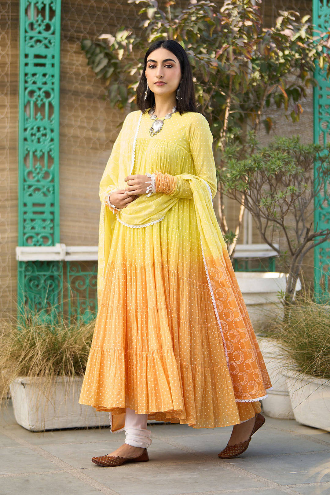 Ombre yellow block printed tiered anarkali with chooridar and dupatta ( set of 3 )
