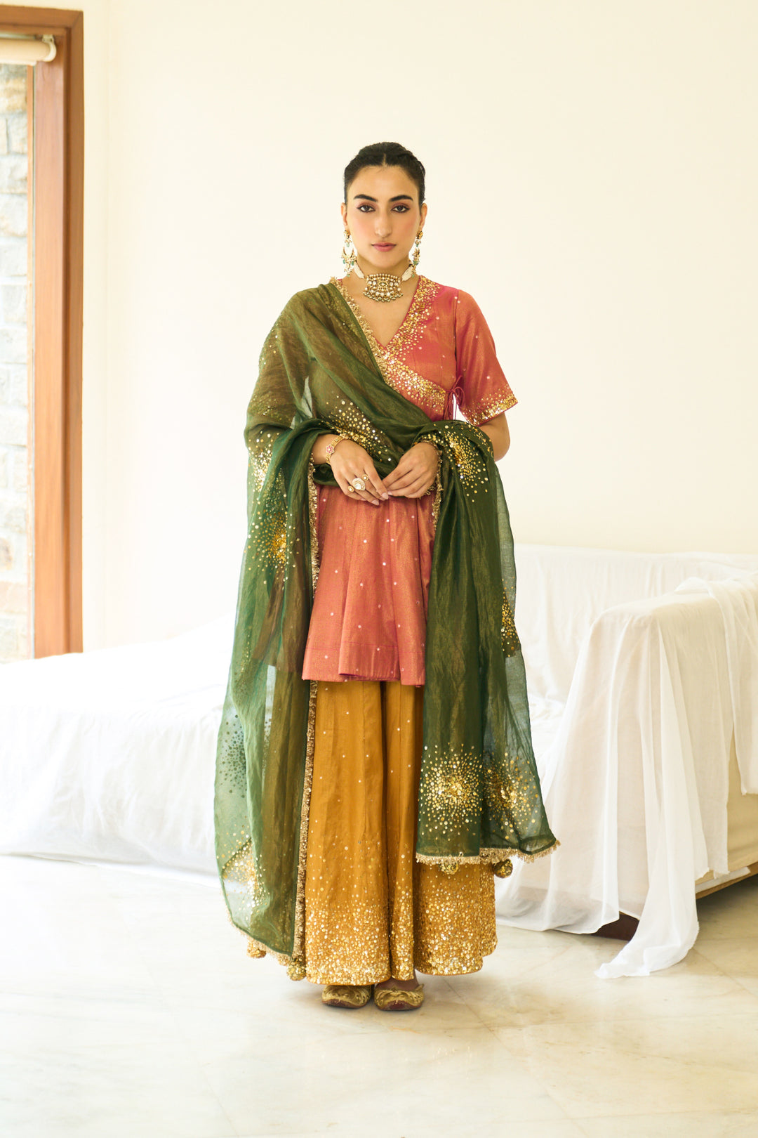 Saanjh sequins pink short angrakha with sharara and dupatta ( set of 3)