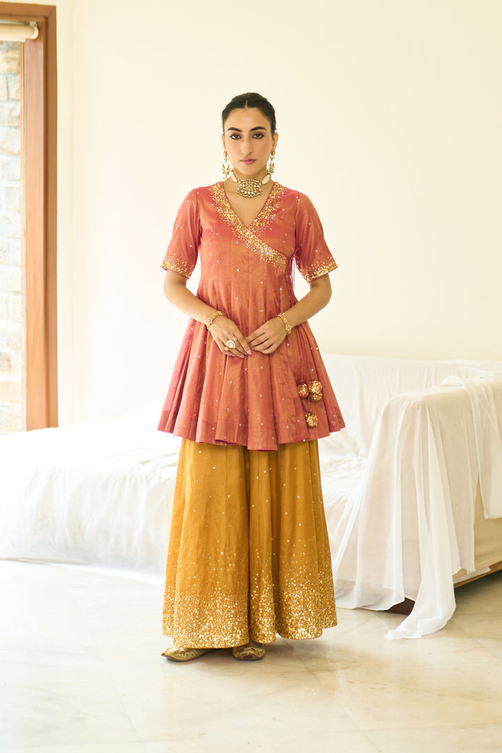 Saanjh sequins pink short angrakha with sharara and dupatta ( set of 3)
