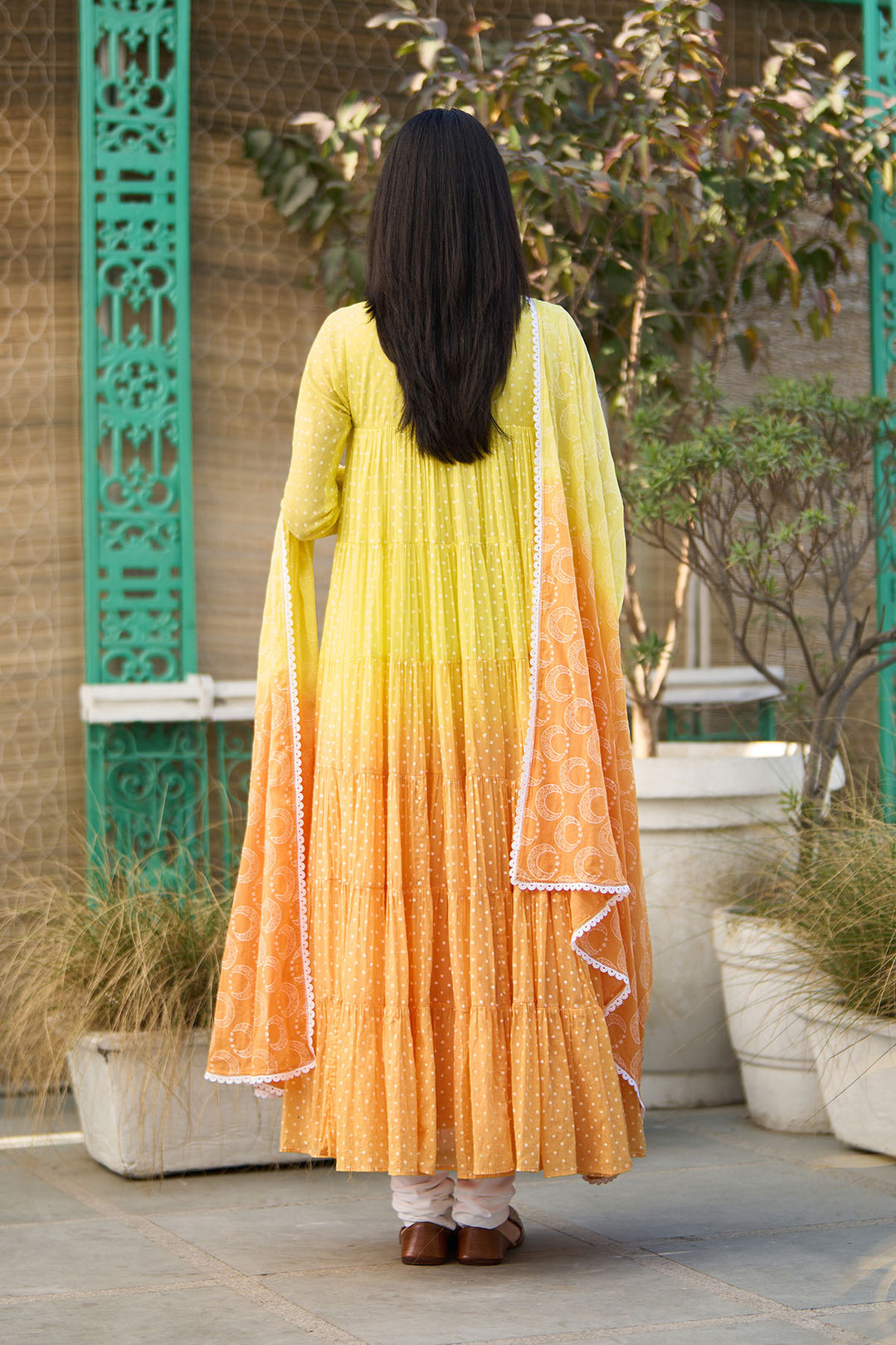 Ombre yellow block printed tiered anarkali with chooridar and dupatta ( set of 3 )