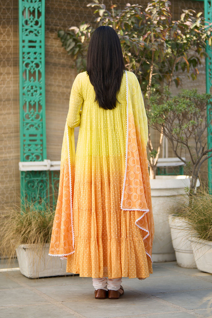 Ombre yellow block printed tiered anarkali with chooridar and dupatta ( set of 3 )