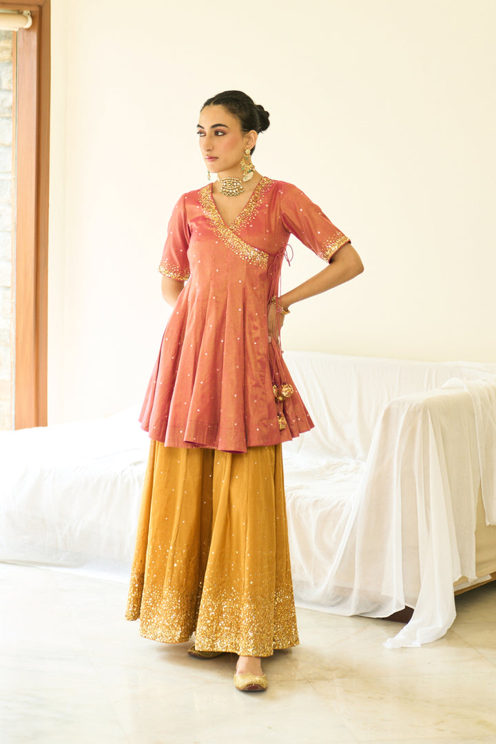 Saanjh sequins pink short angrakha with sharara and dupatta ( set of 3)