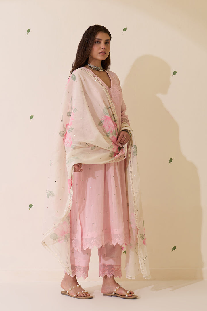Mehraz Handpaint pink with off white Pintuck kurta with palazzo and dupatta ( set of 3 )