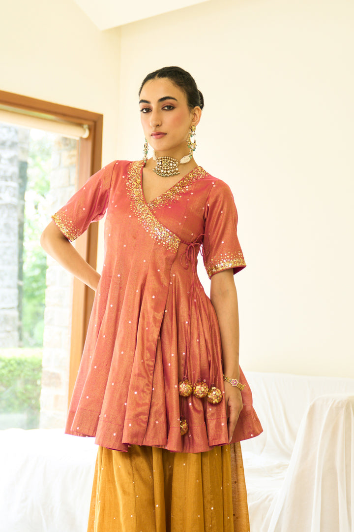 Saanjh sequins pink short angrakha with sharara and dupatta ( set of 3)