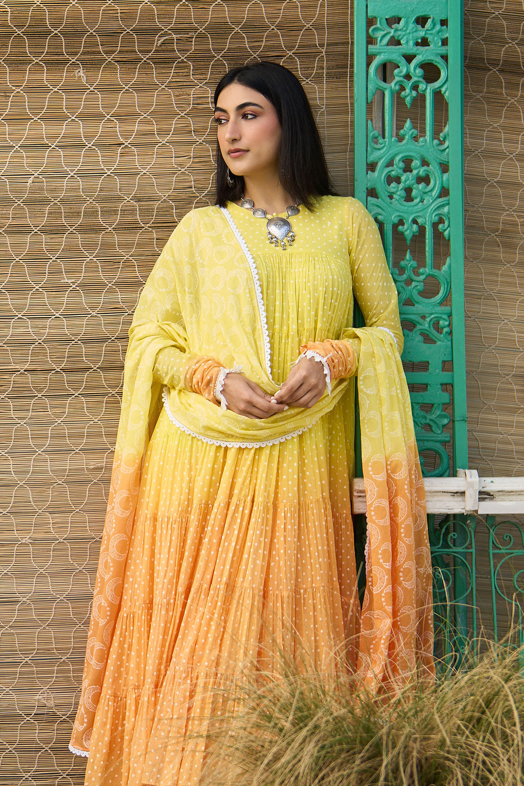 Ombre yellow block printed tiered anarkali with chooridar and dupatta ( set of 3 )