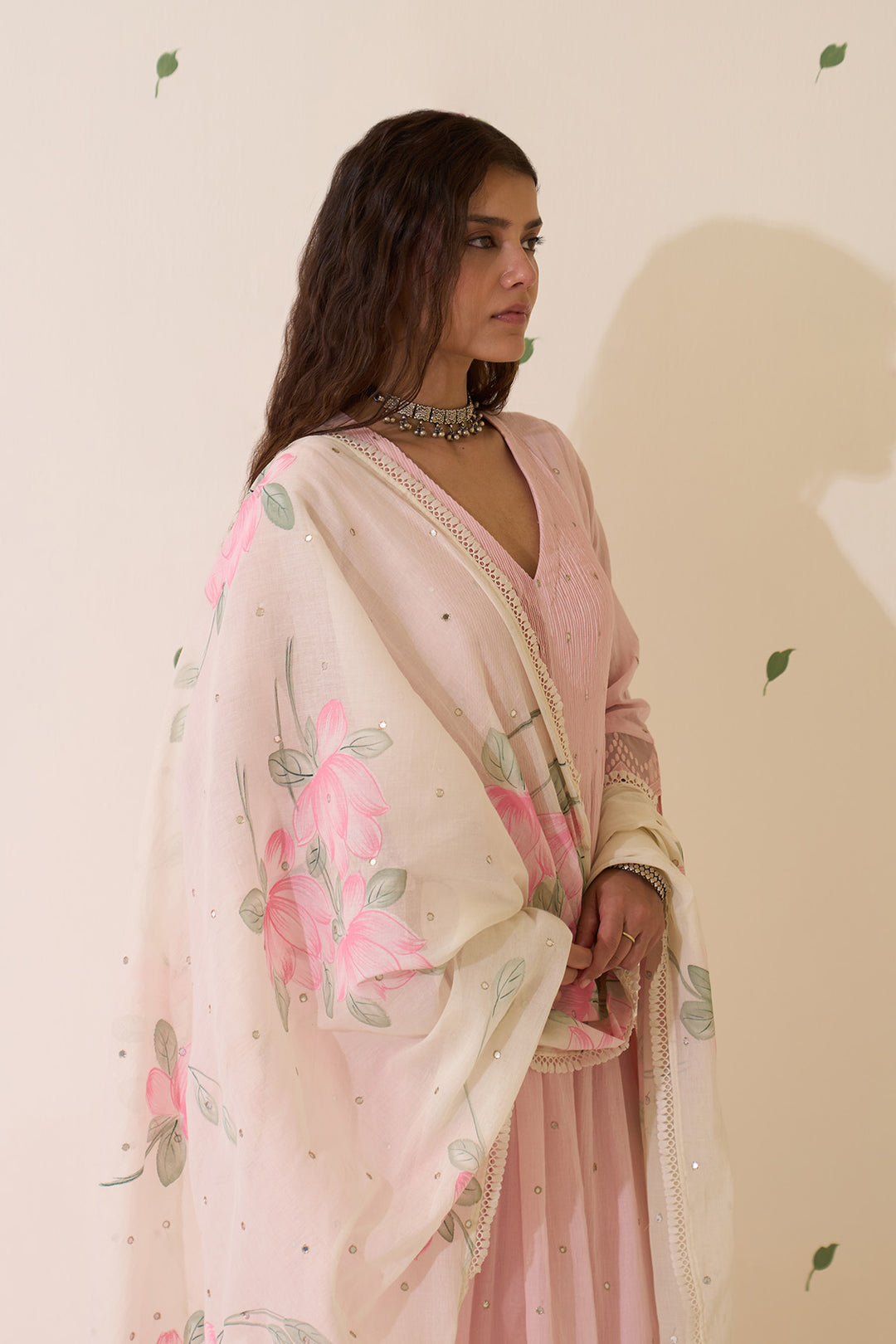 Mehraz Handpaint pink with off white Pintuck kurta with palazzo and dupatta ( set of 3 )