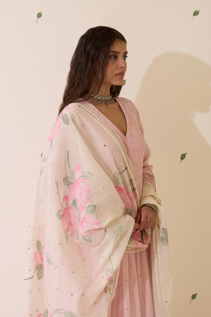 Mehraz Handpaint pink with off white Pintuck kurta with palazzo and dupatta ( set of 3 )