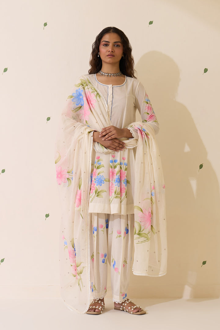 Mehraz Handpaint off white Short anarkali with salwar  and dupatta ( set of 3 )