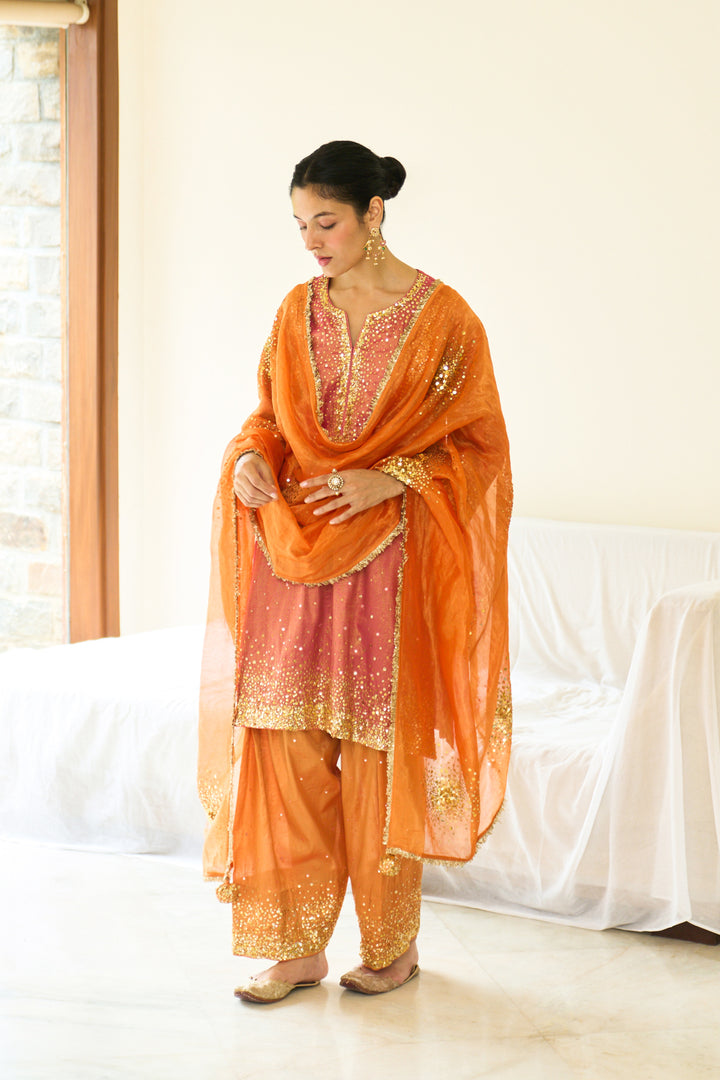 Saanjh sequins pink choga with salwar and dupatta( set of 3)