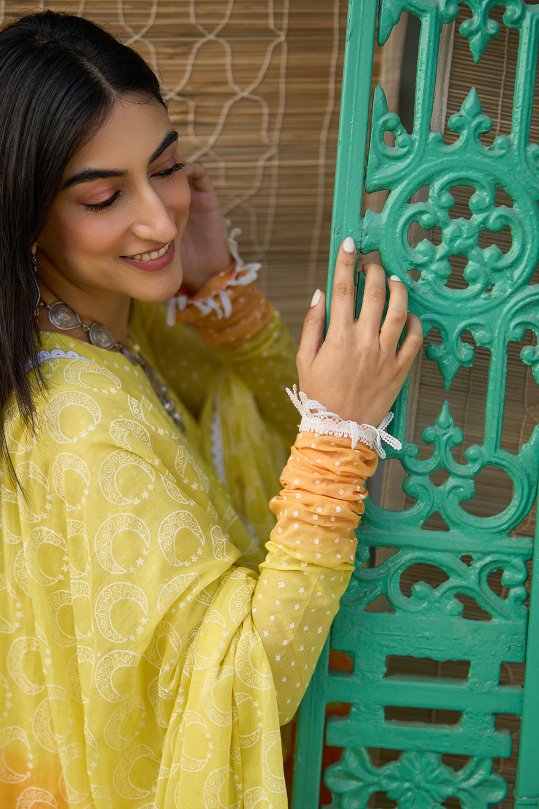 Ombre yellow block printed tiered anarkali with chooridar and dupatta ( set of 3 )