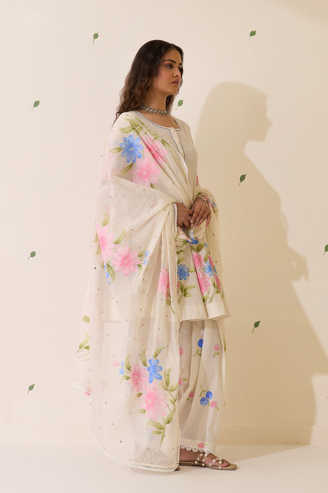 Mehraz Handpaint off white Short anarkali with salwar  and dupatta ( set of 3 )